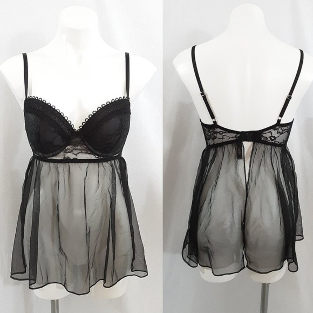 Victoria’s Secret Sheer Mesh Split Back Chemise Slip Lingerie 36D Sexy Nightwear
